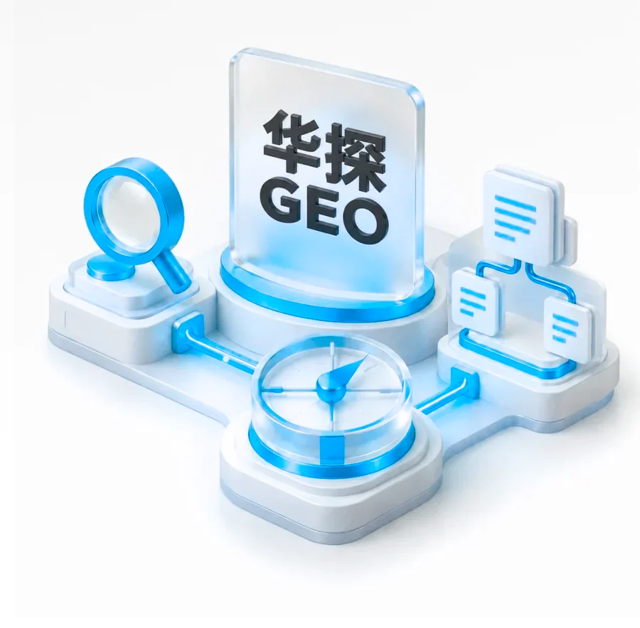 华探GEO 产品插画：品牌诊断、内容与发布、效果监测